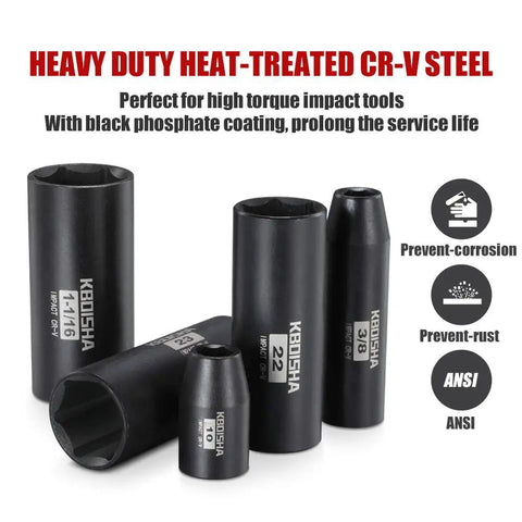 Close-up of 1/2 Inch Master Drive Impact Socket Set in CR-V Steel with black phosphate coating, various socket sizes visible.