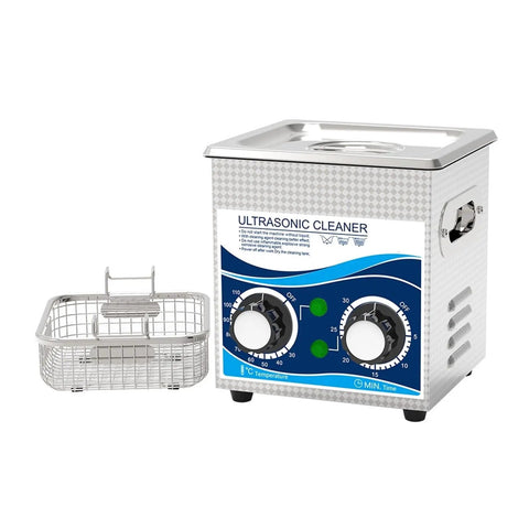 Heavy Duty 1.3L Ultrasonic Cleaner Machine For Jewelry Glasses Watches 120W 40KHz with metal basket and temperature controls.