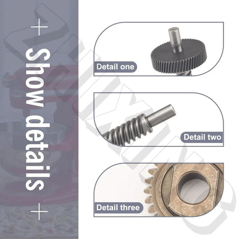 Close-up details of an All-in-One Worm Gear Kit For 5Qt And 6Qt Stand Mixers That Keeps Your Home Kitchen Workhorse Running, Compatible With Whirlpool KitchenAid, showing gear parts.