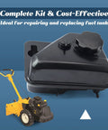Gas Fuel Tank With Roll Over Valve Replacement For Garden Tillers on blue background, shows bolt-on kit for easy install