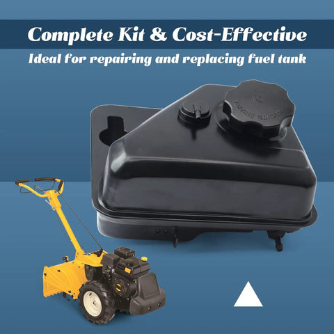 Gas Fuel Tank With Roll Over Valve Replacement For Garden Tillers on blue background, shows bolt-on kit for easy install