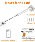 Two Pack 150 Newtons 33 Pounds Drop Down Gas Struts shown with screws, installation template, and guide.