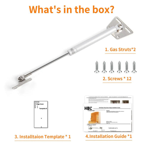 Two Pack 150 Newtons 33 Pounds Drop Down Gas Struts shown with screws, installation template, and guide.