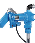 Heavy Duty 20 GPM 12 Volt Fuel Transfer Pump With 50 Amp Auto Fuse showing blue cast iron body and attached hose.