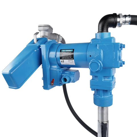 Heavy Duty 20 GPM 12 Volt Fuel Transfer Pump With 50 Amp Auto Fuse showing blue cast iron body and attached hose.
