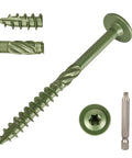 Heavy Duty Fifty Five Pack Number 14 X 3 Inch Zinc Plated Structural Lag Screws Washer Head T30 Drive displayed with driver bit.