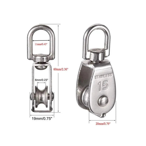 Beefy Cable Pulley Wheel Set For Lifting Rope M15 Size 2 Or 4 Pieces 304 Stainless Steel Rotating Single Pulley Wheel 360 Degree Rotation Rugged Corrosion Resistant Easy To Use, M15 stainless pulley wheel with 15mm mark and dimensions
