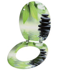 Premium Slow Close Toilet Seat With Soft Closing Lid And Durable Adjustable Hinges For Your Family Bathroom Setup, oval, featuring a serene leaf and stone design.