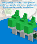 Slick Adjustable Scribe Jig And No Fuss Clamp Tool For Kitchen Cabinet Fillers and Wardrobe Carcasses featuring green clamp design for precision.