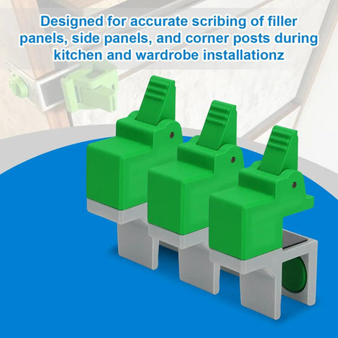 Slick Adjustable Scribe Jig And No Fuss Clamp Tool For Kitchen Cabinet Fillers and Wardrobe Carcasses featuring green clamp design for precision.
