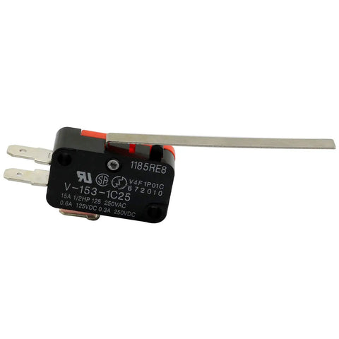 Side view of a V-153-1C25 SPDT micro limit switch with straight long lever for Arduino projects, rated 15A 125/250VAC, 0.6A 125VDC, 0.3A 250VDC.