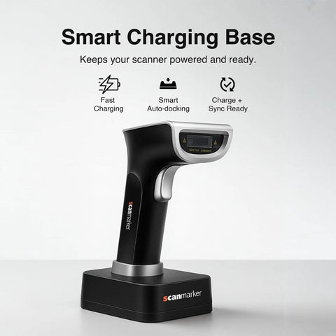 1D And 2D Wireless Barcode Scanner With Bluetooth And 2.4G Modes Handheld QR Code Reader For iOS Android Windows Mac Charging on Stand