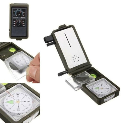 Survival Compass Kit For Camping And Hiking With Thermometer Hygrometer LED Light Whistle Ruler Magnifier in use