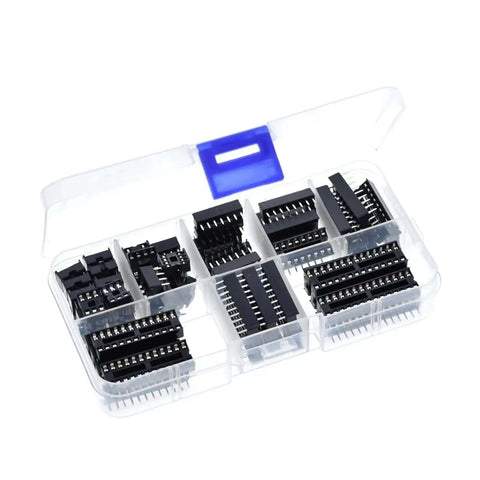 Kick It Up A Notch With This Awesome 66 Pc Dip Ic Socket Kit For All Your Electronics Projects! Features Solder Type Adaptors In 6, 8, 14, 16, 18, 20, 24 And 28 Pin Sizes To Make Wiring A Total Snap And Get You Building Faster Than Ever Before Today! clear plastic case with black DIP IC sockets