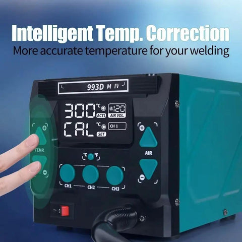 Hand using controls on 1000W Fast Desoldering Hot Air Gun Pro Grade Soldering Station For PCB BGA Rework And Chip Repair.