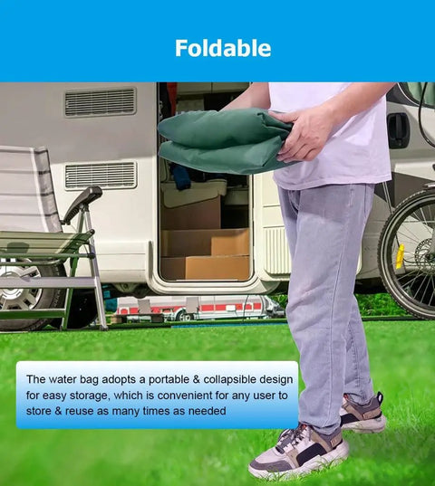 Person holding folded Foldable Portable Water Storage Bladder Tank 946L 250 Gallon Large Capacity For Camping Truck RV Outdoor