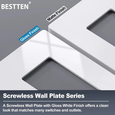 Two Pack 3-Gang Screwless Decorator Wall Plates Snow White Finish showing seamless edges in gloss and matte finish