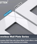 5 Pack Screwless Decorative Wall Plate 3 Gang Decorator Outlet Cover Gloss Snow White finish comparison. USWP6 H4.69 x W6.54