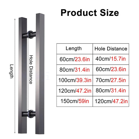 Glass Sliding Door Handle Hardware With Slick Pulls table of sizes and hole distances, brushed stainless steel finish.