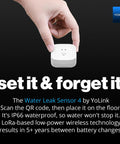 Hand holding Smart Water Leak Detector 4 With 105dB Alarm, Freeze Warning, App Push, Email Alerts, and more visible text