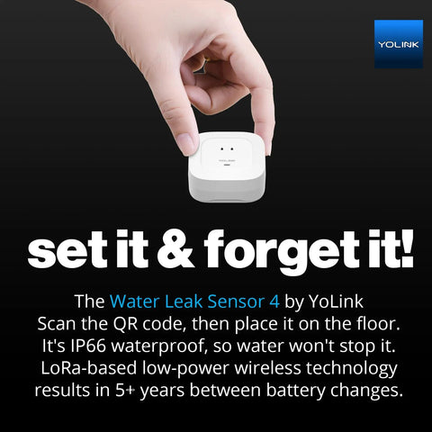 Hand holding Smart Water Leak Detector 4 With 105dB Alarm, Freeze Warning, App Push, Email Alerts, and more visible text