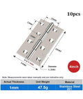 Flat Door Hinge 4 Inch Stainless Steel Ten Pack with dimensions, rust resistant for cabinets, bookcases, windows, wooden doors.