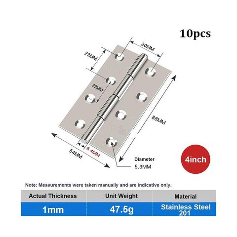 Flat Door Hinge 4 Inch Stainless Steel Ten Pack with dimensions, rust resistant for cabinets, bookcases, windows, wooden doors.