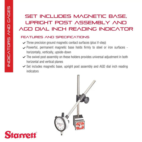 Magnetic Base With Upright Post Assembly And AGD Dial Indicator Inch Reading For Pros And DIYers From The Field Built For Precision And Fast Setup Rock Solid Magnetic Hold And Easy Readout Model 657E shown with set components and features list.