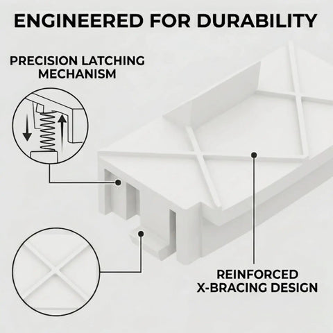 Dead Nuts Secure Dust Bin Clip For Robot Vacuum Replacement Latch Hook, white design with reinforced X-bracing, precision latching mechanism.