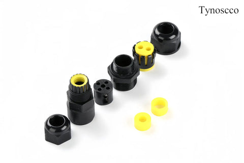 IP68 Outdoor Junction Box Waterproof Connector components in black with yellow accents, 2 Way 2 Pin To 3 Pin M20 Gland, Pack Of 3