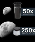 PowerSeeker 127EQ Telescope For Beginners With Manual German Equatorial Mount eyepieces showing 50x and 250x moon magnification