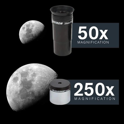 PowerSeeker 127EQ Telescope For Beginners With Manual German Equatorial Mount eyepieces showing 50x and 250x moon magnification