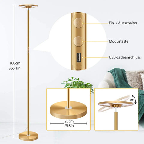 Smart RGBCW LED Floor Lamp With Alexa And Google Home, 25W Dimmable Torchiere, detailed view of features and dimensions.