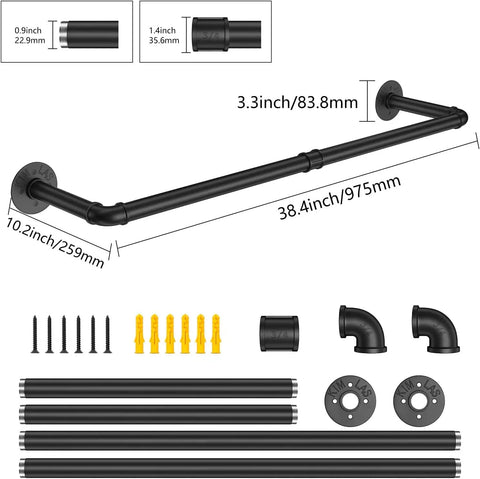 Built Like A Tank Wall Mounted Clothes Rack 3 Pack Black Industrial Pipe Garment Rail Heavy Duty Iron Hanging Bar parts layout with dimensions