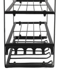 Close-up view of Badass Heavy Duty Wall Mounted Power Tool Organizer Rock Solid Drill Holder showing metal racks and hooks for tool storage.