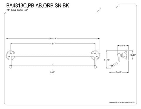 Diagram of Antique Brass Metropolitan Bathroom Hardware Set Wall Mounted With Dual 24 Inch Towel Bar, showing measurements and details.