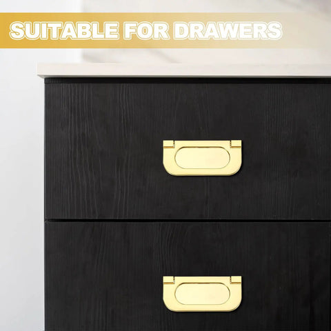 Slick Low Profile Flush Ring Pulls Solid Zinc Alloy Drawer Handles Coated In A Crisp Gold Finish 5 Pack on black drawers.