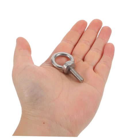 Stainless Steel Eye Bolt M6x20 Closed Ring Anchor For Lifting With Anti Loosening Hardware Beefy Heavy Duty Hook Bolt For Rigging Securing Equipment And Industrial DIY Projects, shown in hand