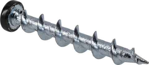 Close-up of self drilling drywall anchor with pan head, part of 75 pack holds up to fifty pounds in drywall and two hundred pounds in concrete.