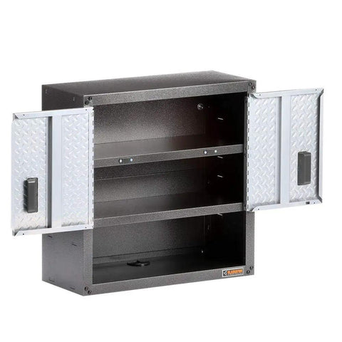 Wall Mount Gearbox Cabinet for Garage with Adjustable Shelf and Open Bottom Rack to Keep Your Badass Tools Organized 28 Inch Storage Unit Heavy Duty Holds 150 Pounds Easy Assembly Repositionable on Walls