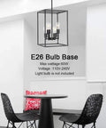 6 Light Black Farmhouse Pendant Chandelier With Square Cage Shades over a modern dining table setting.