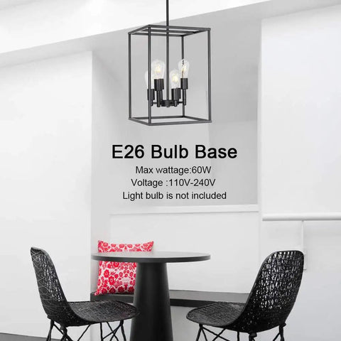6 Light Black Farmhouse Pendant Chandelier With Square Cage Shades over a modern dining table setting.