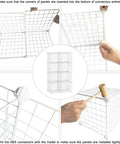 Assembly of Eight Cube Wire Storage Organizer Kit With Metal Grid Shelving using ABS connectors and mallet, shown in detail.