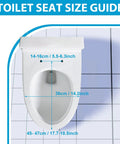 Adjuble Soft Close Round Toilet Seat Open Front Design White with size guide for easy installation and fitting.