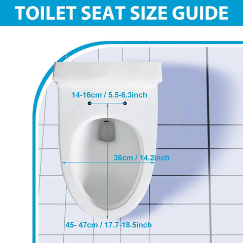Adjuble Soft Close Round Toilet Seat Open Front Design White with size guide for easy installation and fitting.