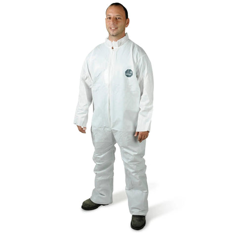 Person wearing coverall from Grab-And-Go Compact Spill Kit Bucket With Absorbent Socks Powder Gloves Goggles Boot Covers And Coverall For Universal Spill Cleanup