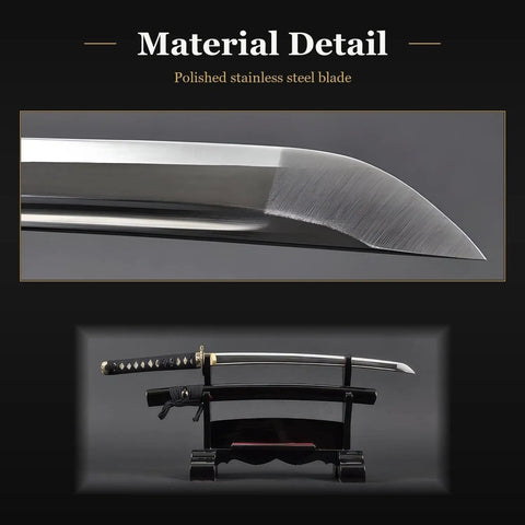 Close-up of polished stainless steel blade, Wakizashi Iaito Training Sword Unsharpened Stainless Steel For Iaido Practice, 21 Inch Blade.
