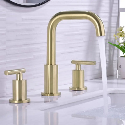 Brushed Gold 8 Inch Widespread Bathroom Faucet with two handles three hole mount 360 degree swivel spout in use