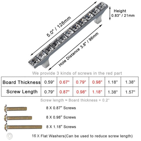 Crystal Glass Rhinestone Cabinet Pulls 4 Pack Shiny Dresser Knobs Handles For Cupboard Wardrobe Doors With 3.8 Inch Hole Centers And Included Screws In Lengths 0.87 0.98 And 1.18 Inches diagram with dimensions and screw sizes