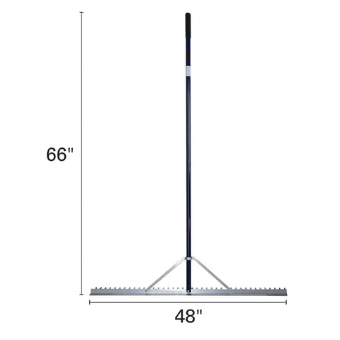 48 Inch Screening Rake With 66 Inch Handle for beach and lawn care; metal rake head with debris trapping teeth shown vertically